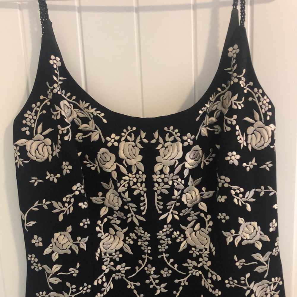 Cocktail Dress. Maggie London. Spaghetti Strap. Black/Cream Embroidered Detail